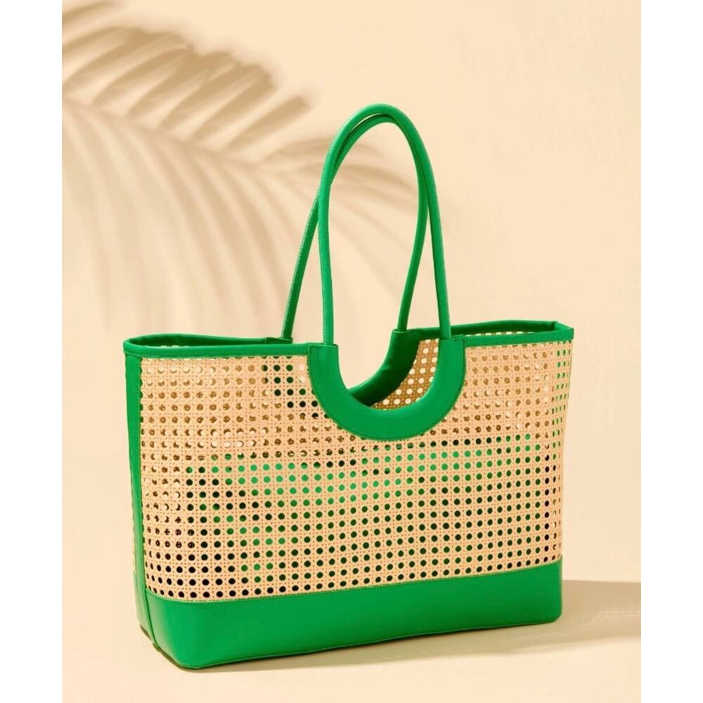 Shiraleah Lyra Tote Bag Green Woven Cane Straw Vegan Leather Large Beach NWT - Picture 4 of 7